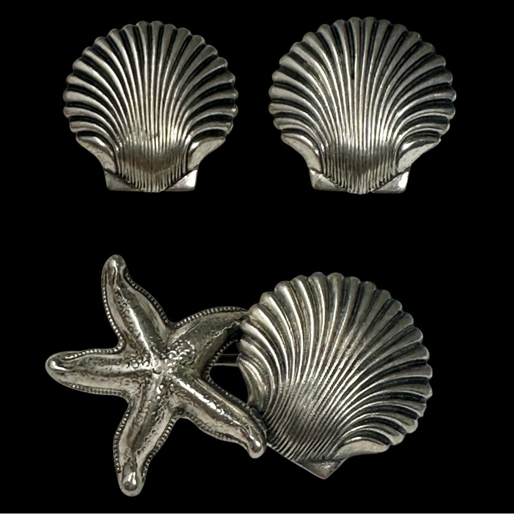 Beau Sterling Silver 925 Clam Shell & Starfish Brooch & Screw Back Earrings Set